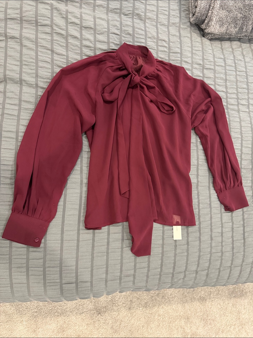 Commense Burgundy Tie-Neck Blouse with Balloon Sleeves